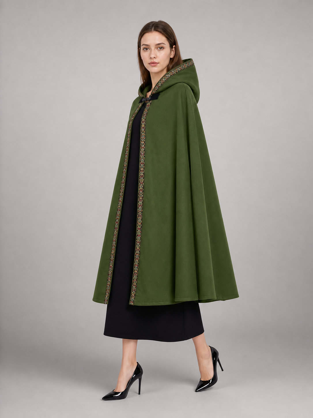 Green Carnival Cloak with Hood and Trim