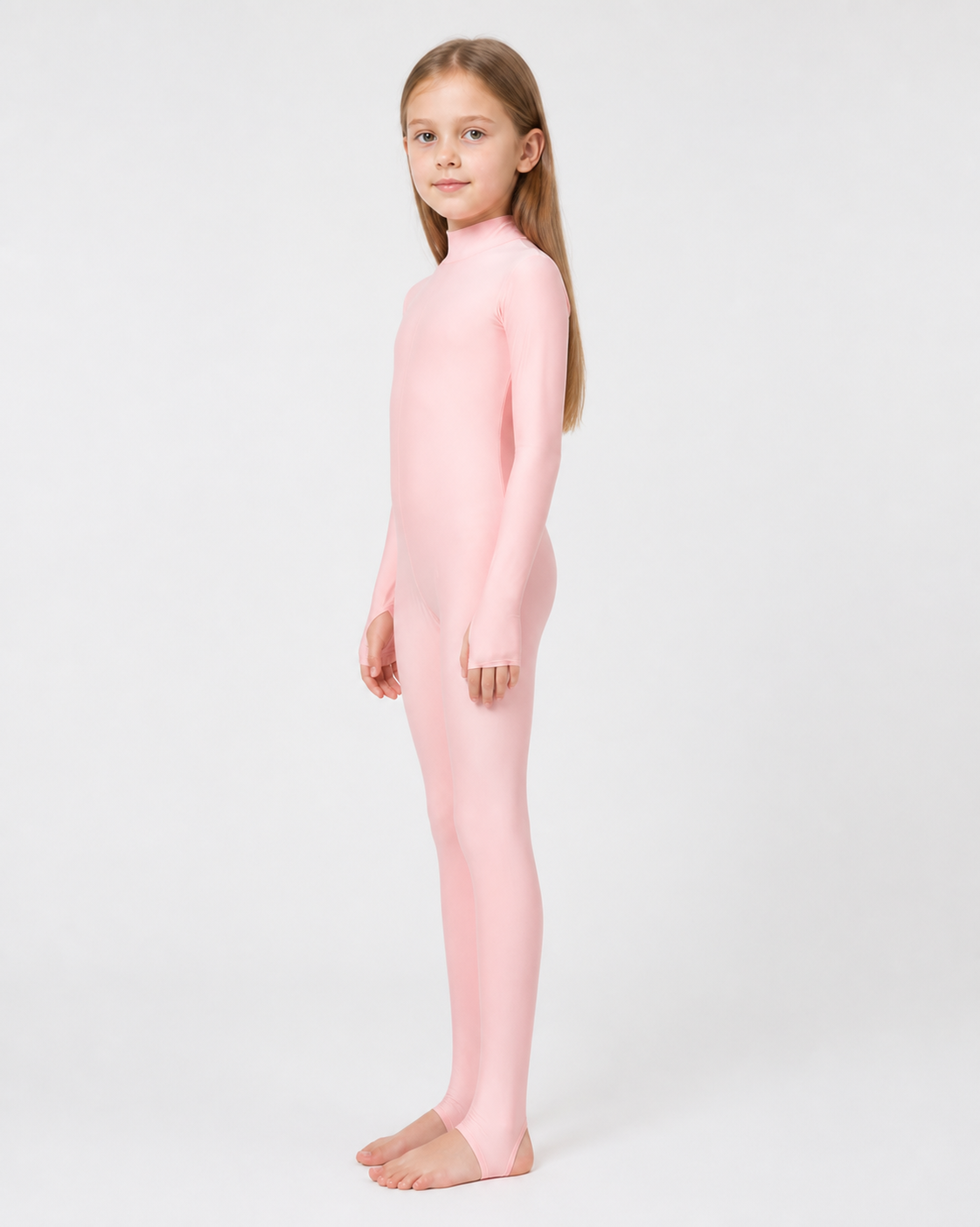 Pink jumpsuit with an open face, gloves, and socks side view