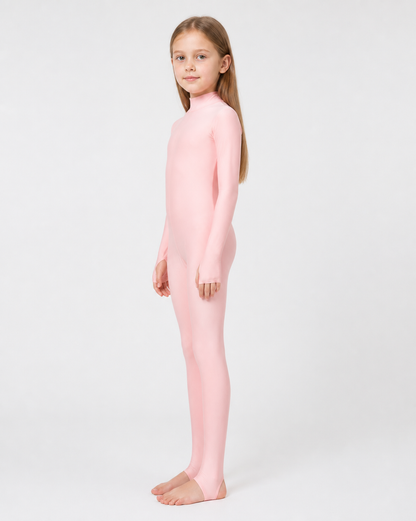 Pink jumpsuit with an open face, gloves, and socks side view