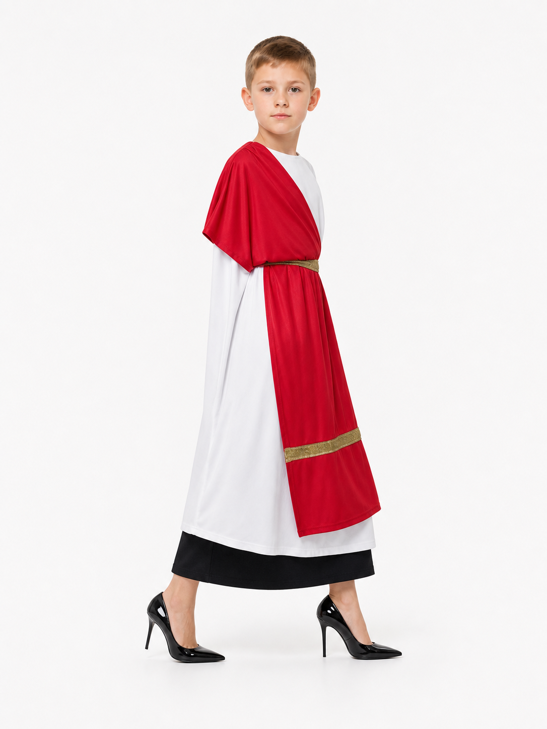 Ancient Greek Costume with Red and Gold Ribbons side view