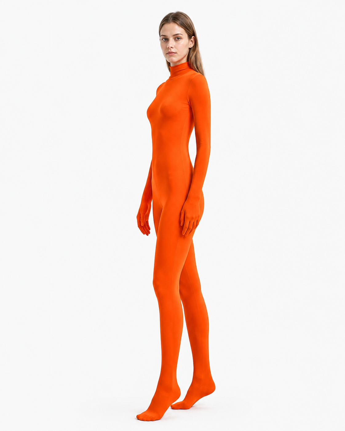 Orange Zentai Jumpsuit with Covered Hands and Feet side view