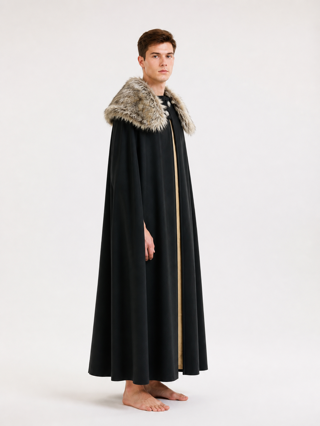 Long Cloak with Fur Collar and Buttons side view
