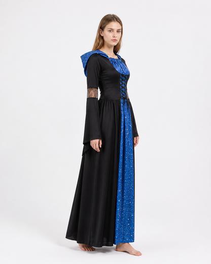 Long Black and Blue Witch Dress with Hood and Stars side view