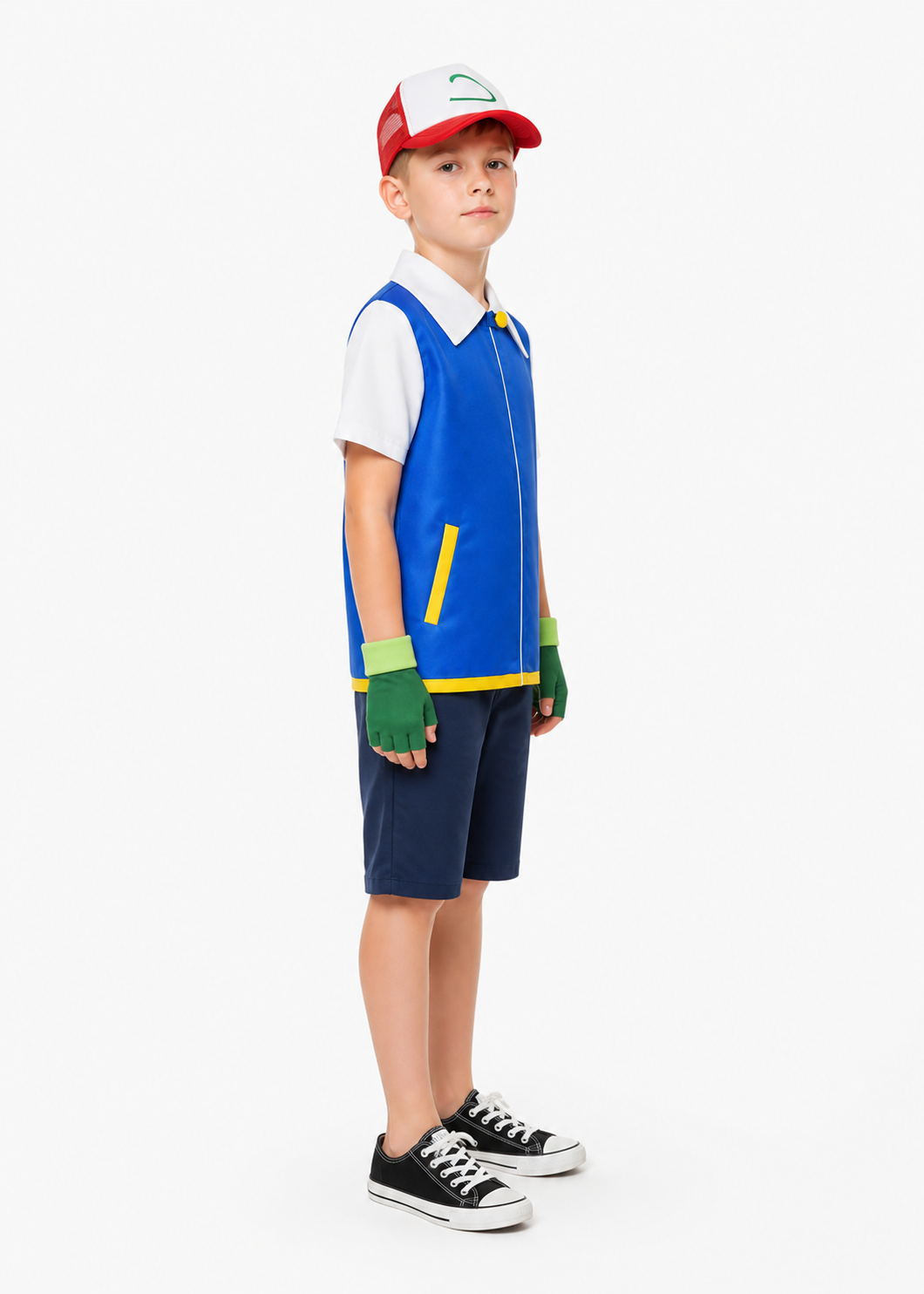 Children’s cosplay costume: blue jacket, hat, and gloves side view