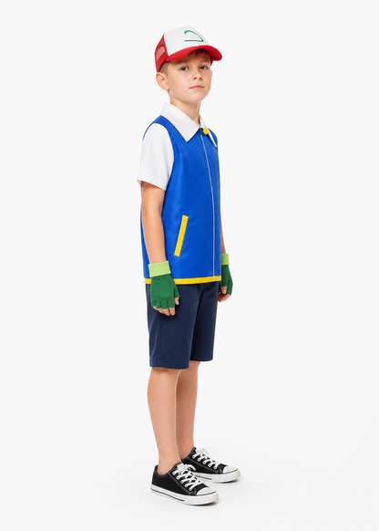 Children’s cosplay costume: blue jacket, hat, and gloves side view