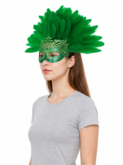 Carnival Mask with Green Feathers and Glitter