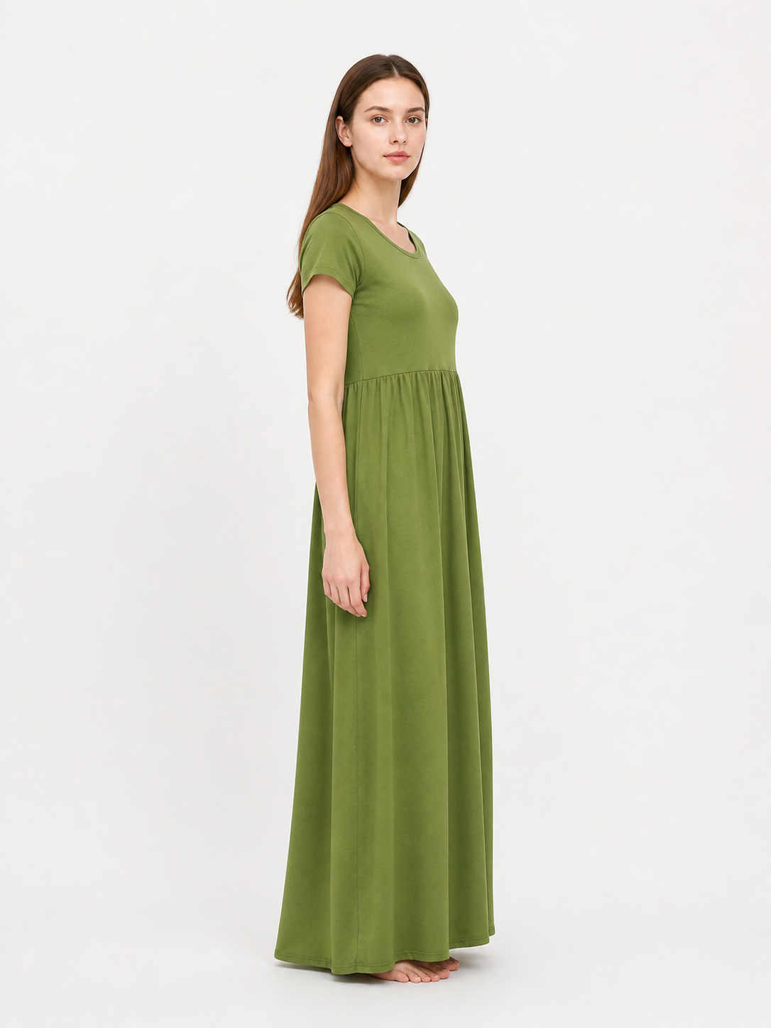 Olive Dress with Short Sleeves and Gathering at the Waist side view