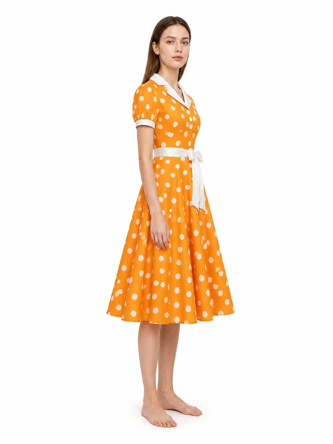 Polka Dot Dress with a Turn-Down Collar and Belt side view