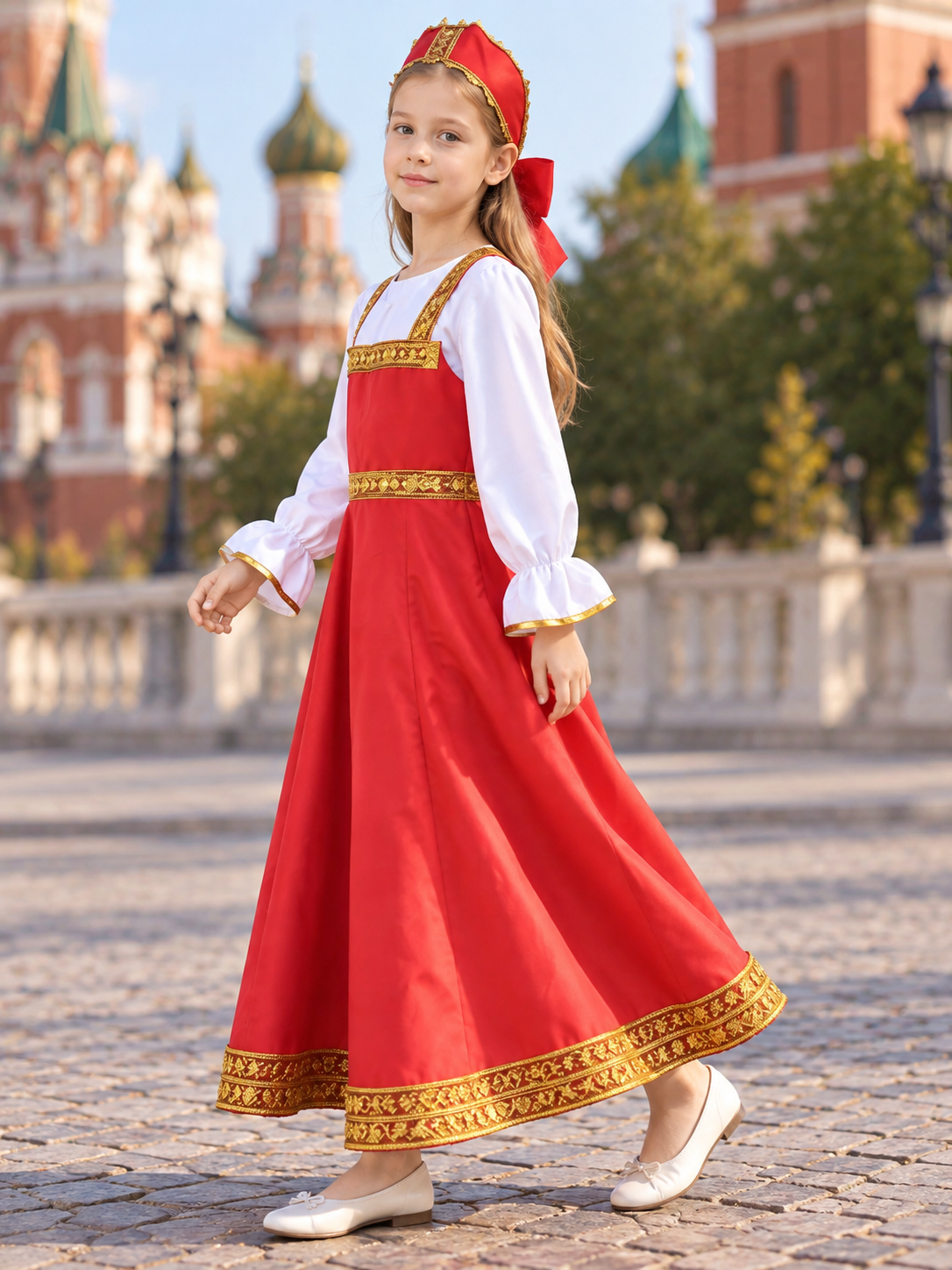 gold red russian folk-style long-sleeve costume dress with headwear product image 5
