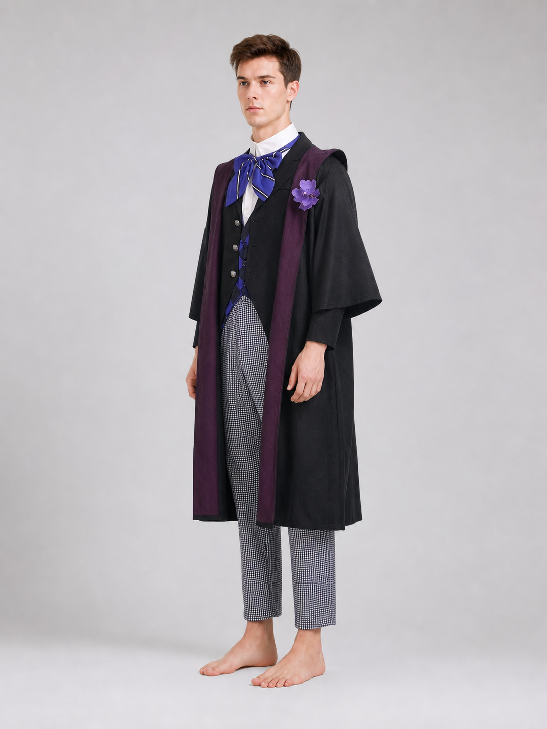 The set is styled after the character Gregory Violet and includes a jacket, vest, shirt, pants, bow tie, and lapel brooch. The look is built around layering: a black vest and black jacket are worn over a white shirt, complemented by an uppe
