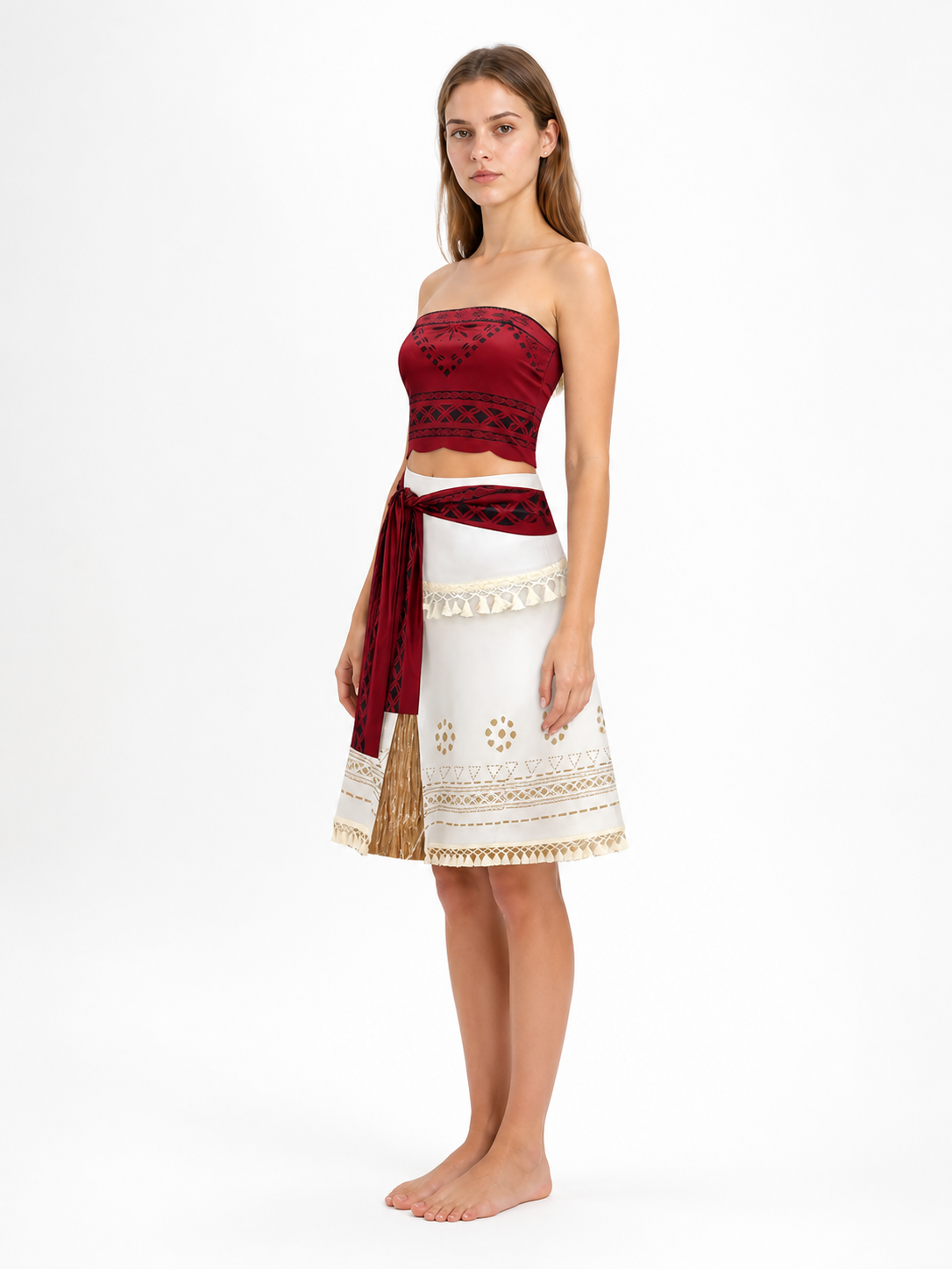 Moana Cosplay Costume, Top and Patterned Skirt side view