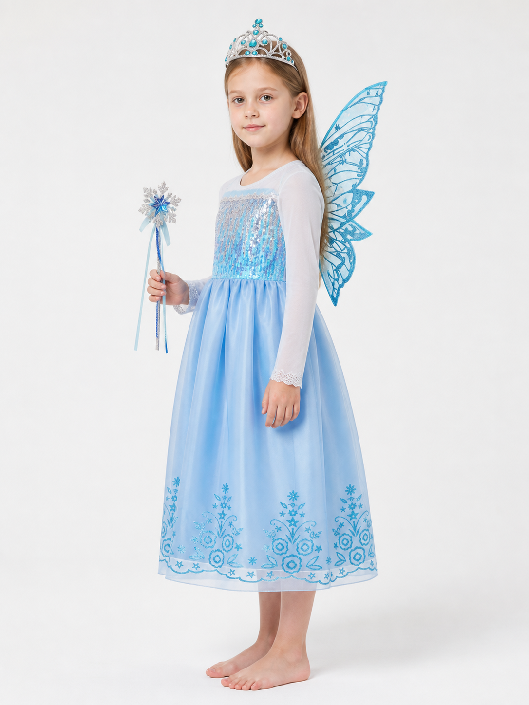 Blue Princess Costume with Butterfly Wings and Crown side view
