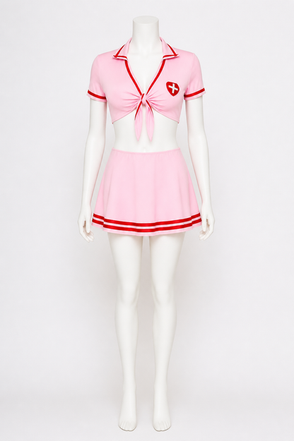 Short Pink Nurse Costume with Red Cross side view