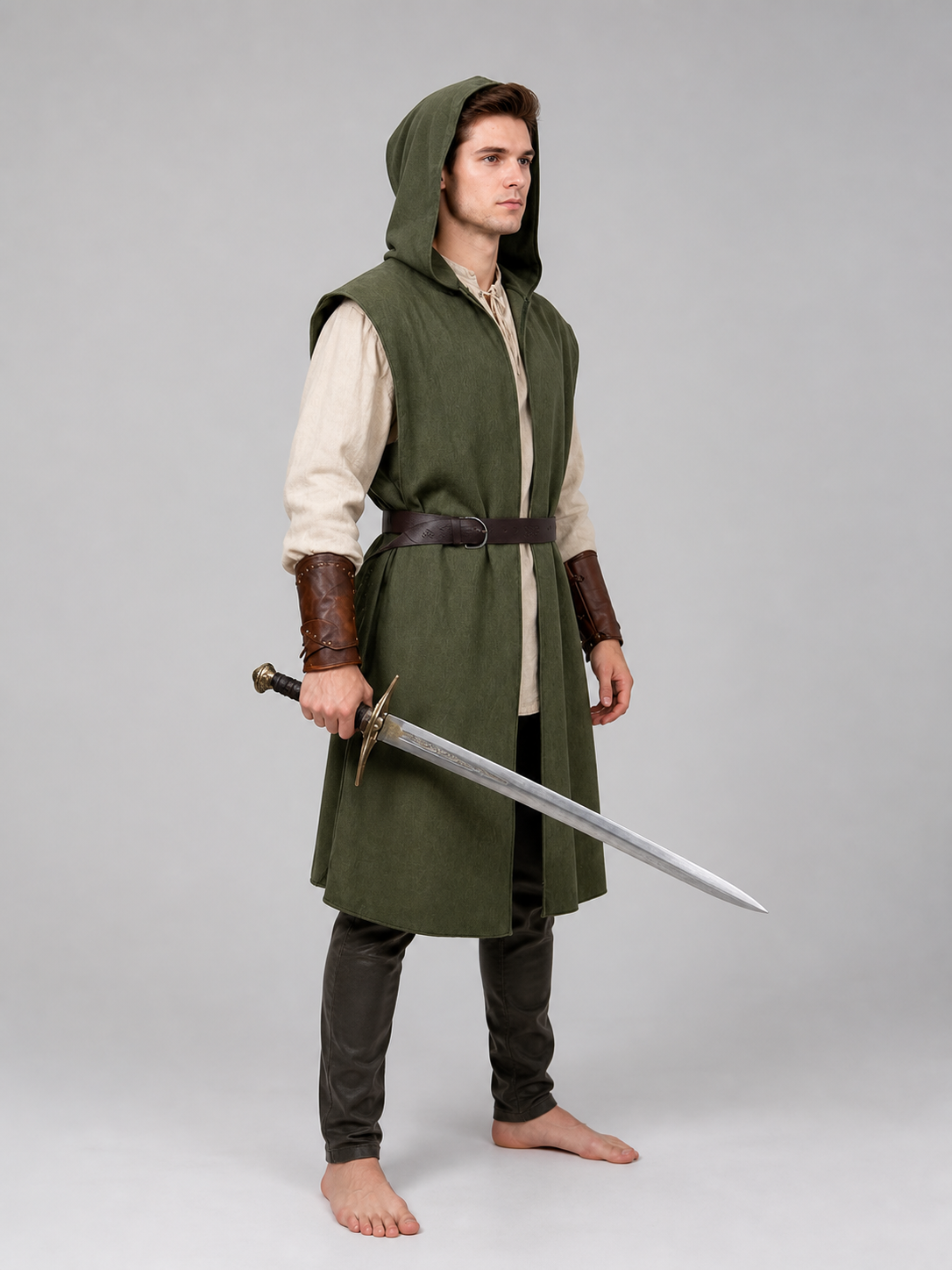 Medieval Fantasy Costume Sleeveless Hooded Long Vest, Open Front Design With Waist Belt For Cosplay And Costume Performances