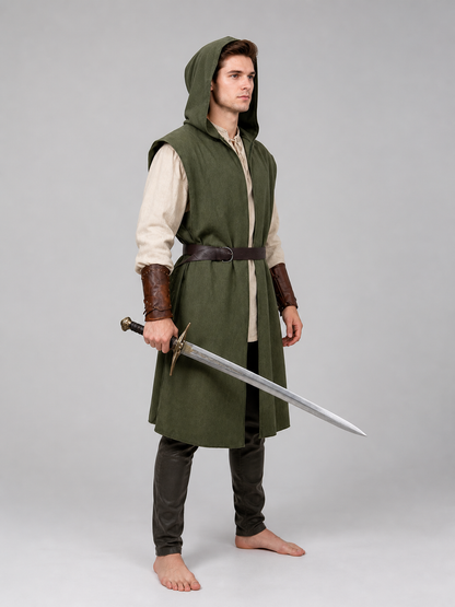 Medieval Fantasy Costume Sleeveless Hooded Long Vest, Open Front Design With Waist Belt For Cosplay And Costume Performances