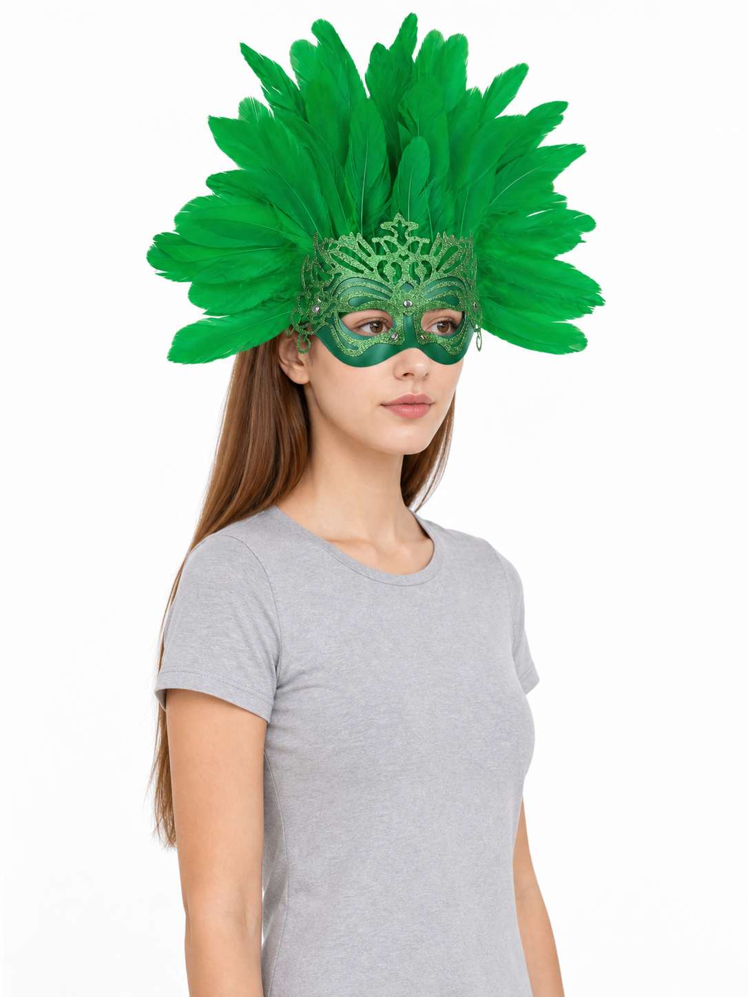 Carnival Mask with Green Feathers and Glitter