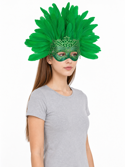 Carnival Mask with Green Feathers and Glitter