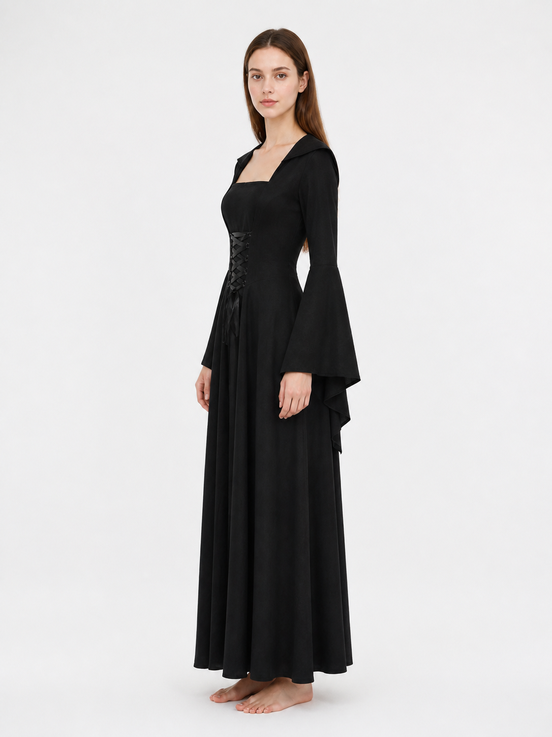 Long Gothic Hooded Lace-Up Dress side view