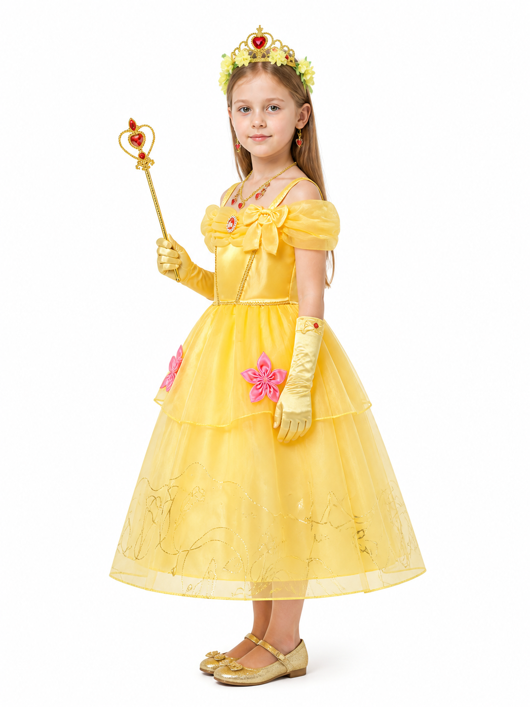 Princess costume with crown and wand, yellow dress side view