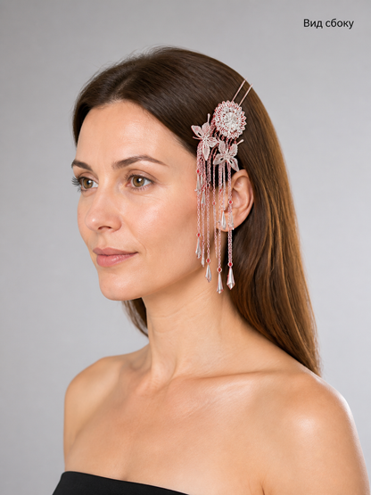 Carnival headpiece with red and silver pendants side view