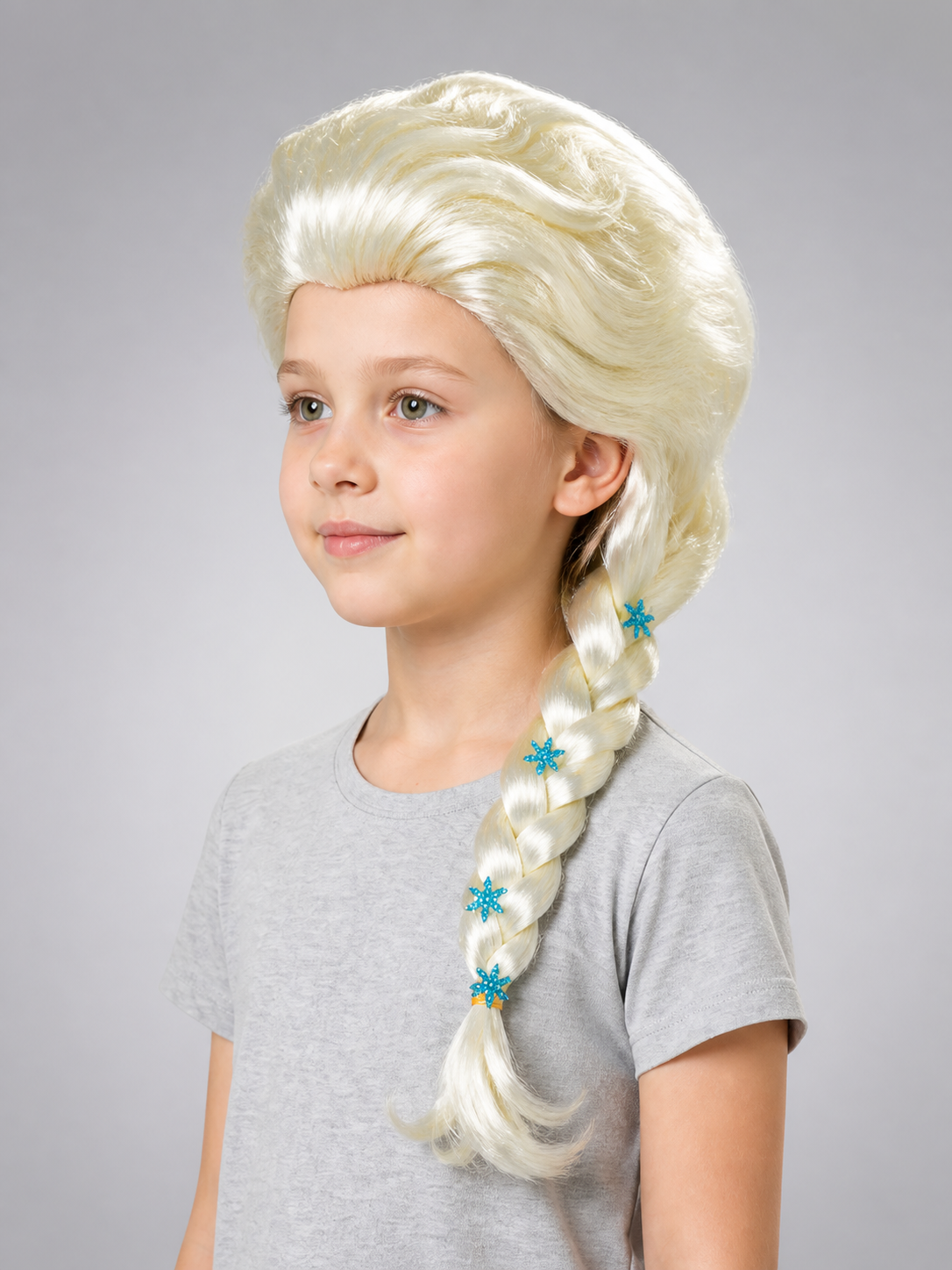 White and Gold Carnival Wig with Blue Snowflakes side view