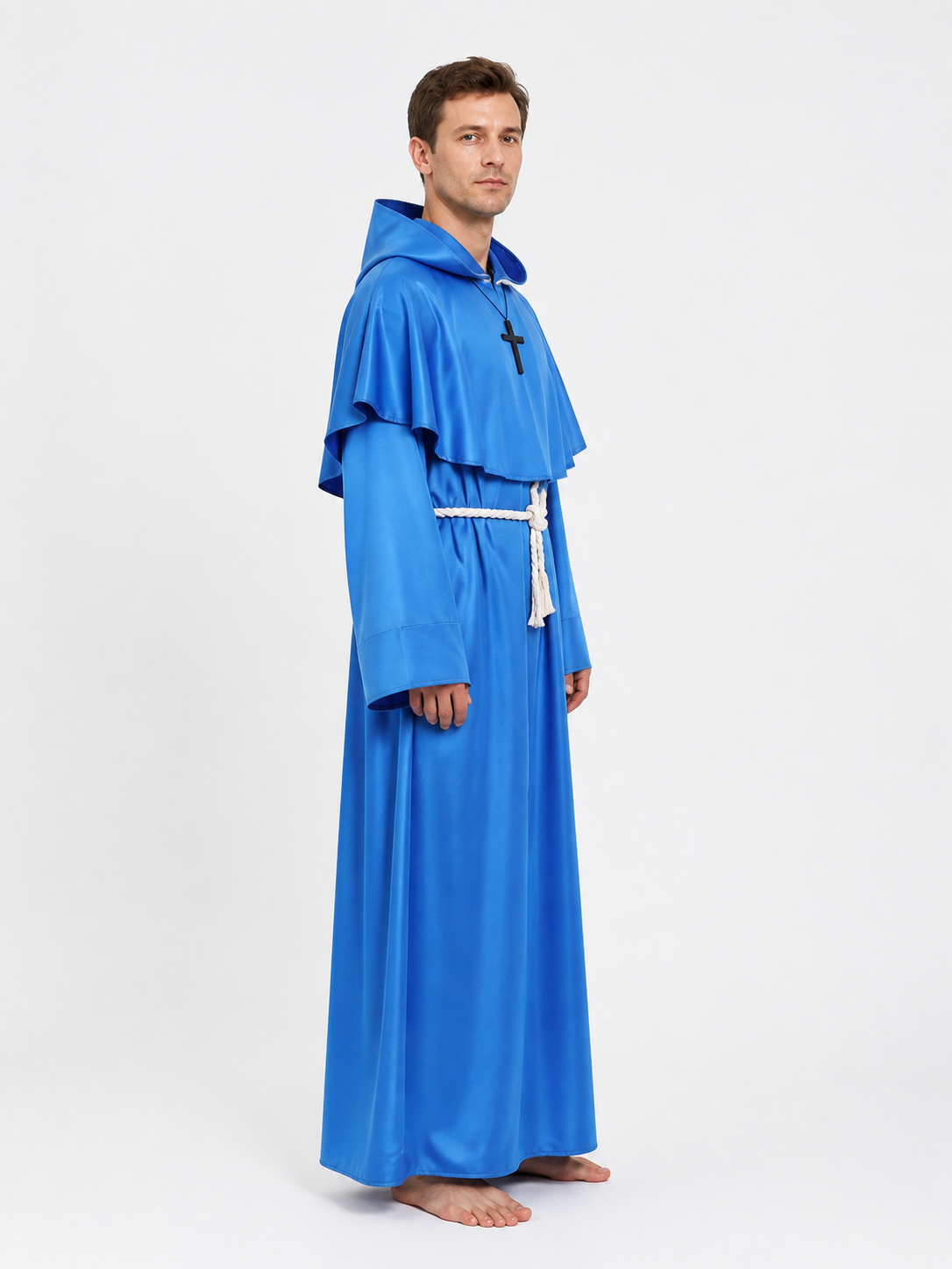 Blue Hooded Monk’s Cloak with Cross side view