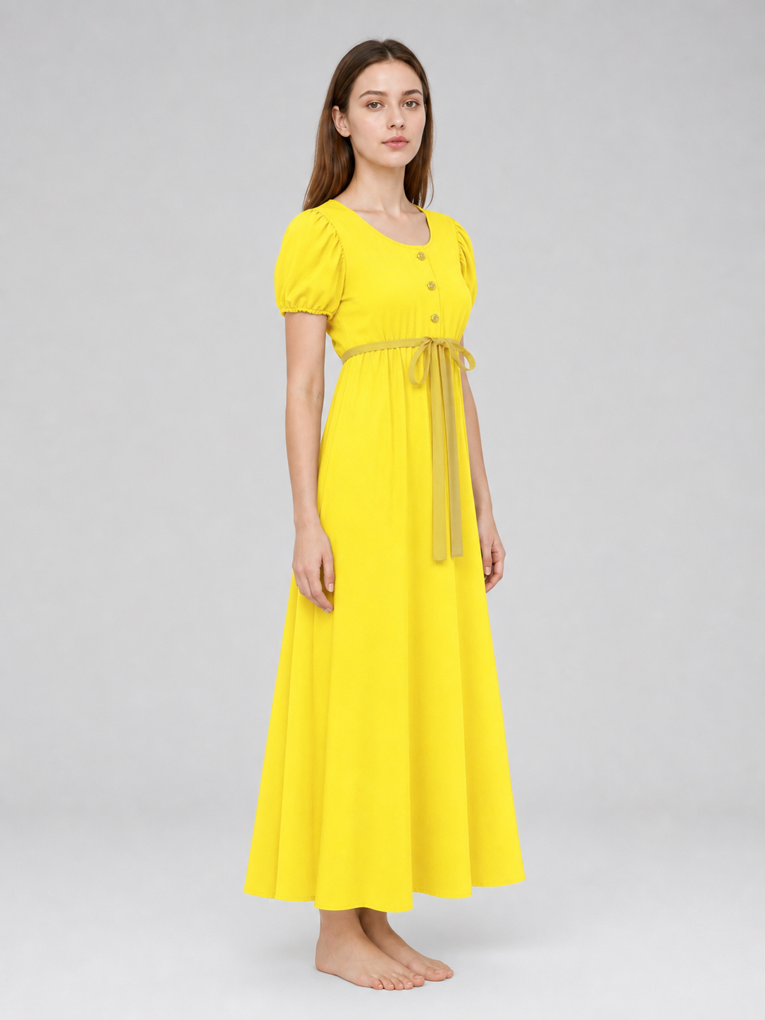 Yellow Dress with Buttons and a Drawstring Waist