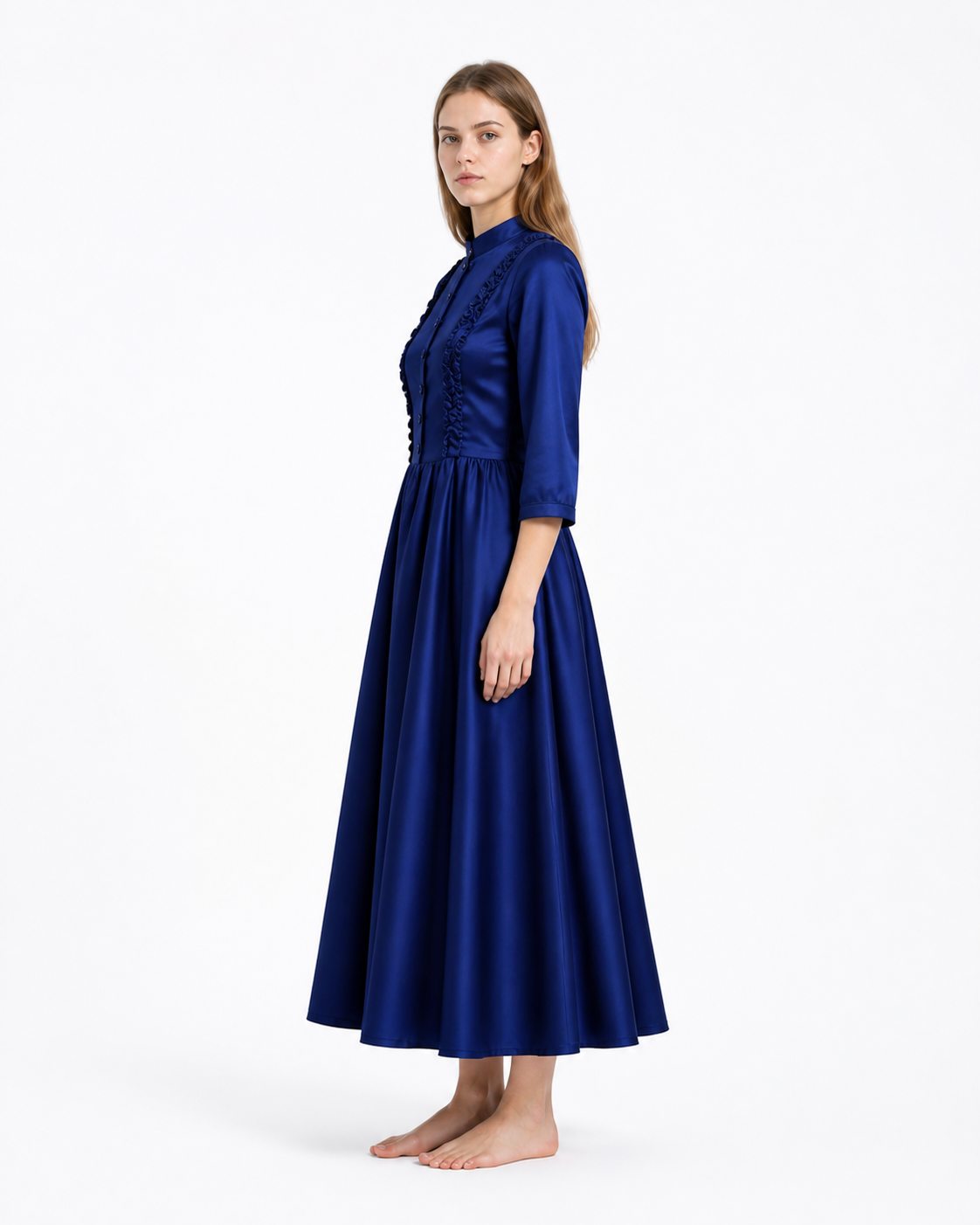 Vintage Blue Dress with High Collar and Buttons side view