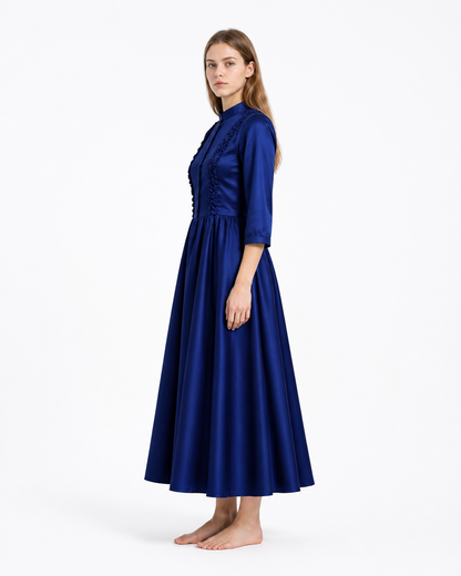 Vintage Blue Dress with High Collar and Buttons side view