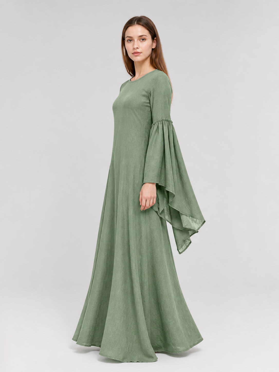 Long Green Retro-Style Dress with Belt