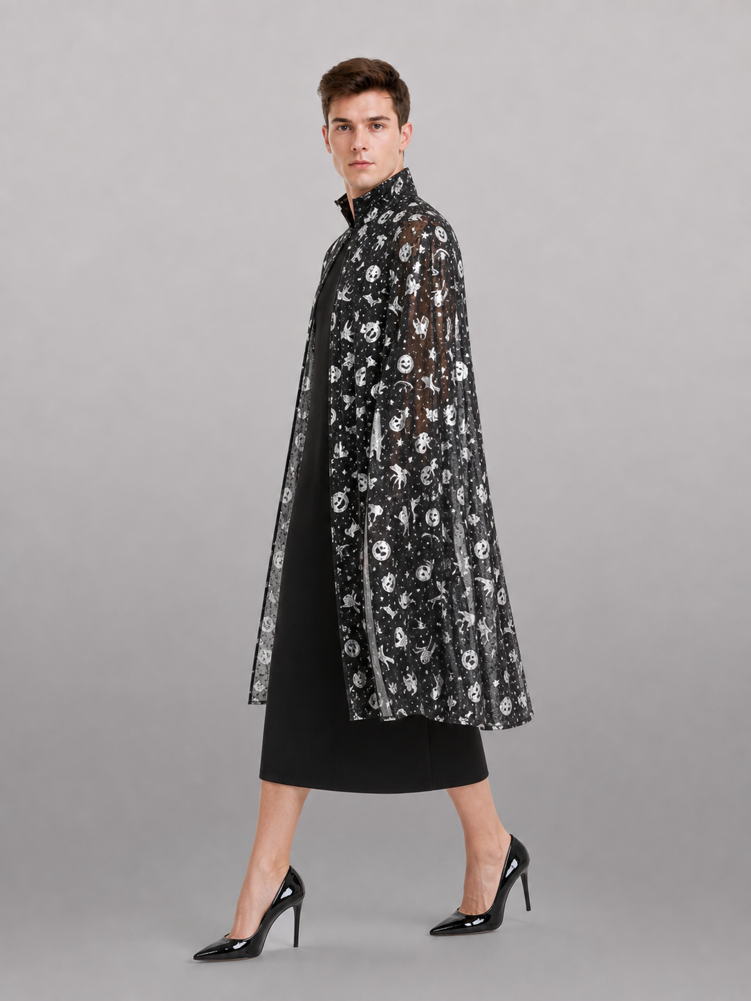 Black Carnival Cloak with a High Collar