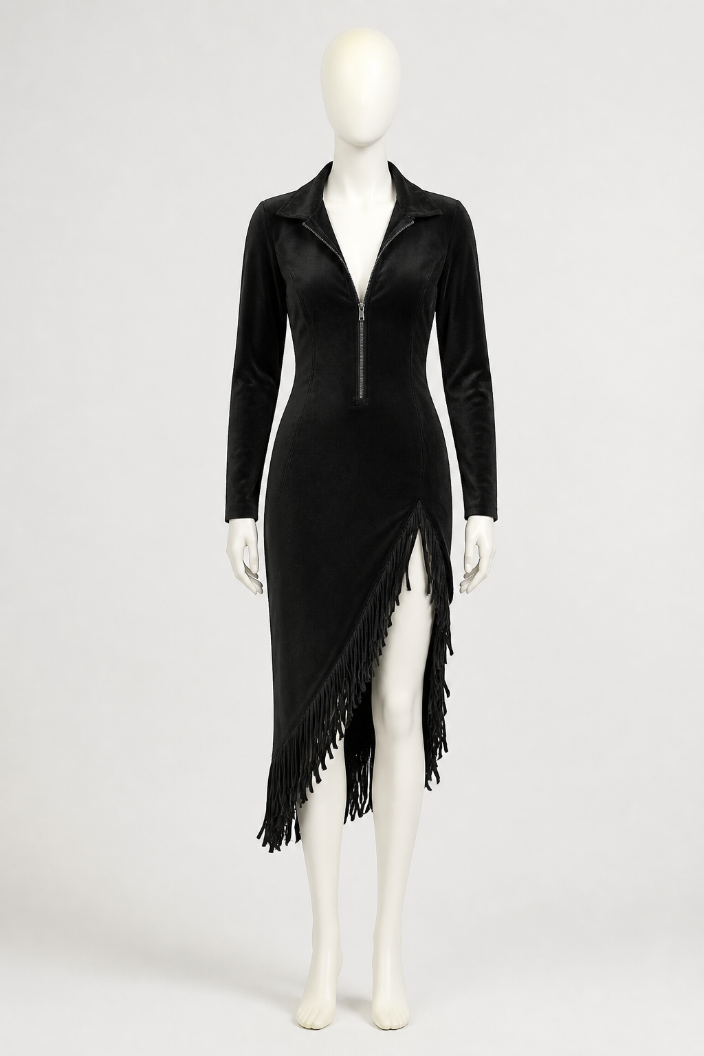 Black Fitted Dress with Long Sleeves and Fringe