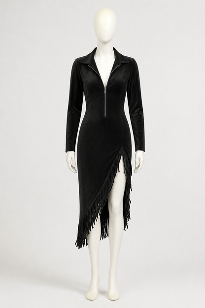 Black Fitted Dress with Long Sleeves and Fringe