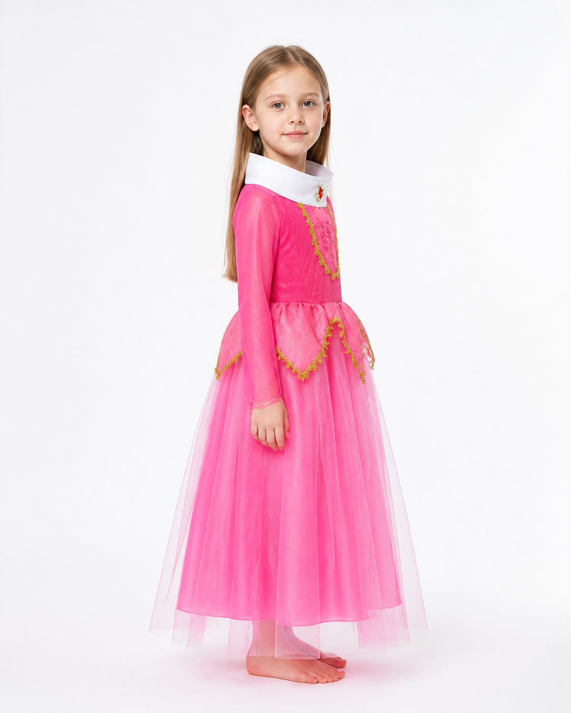 Full White, Pink, and Gold Princess Dress side view