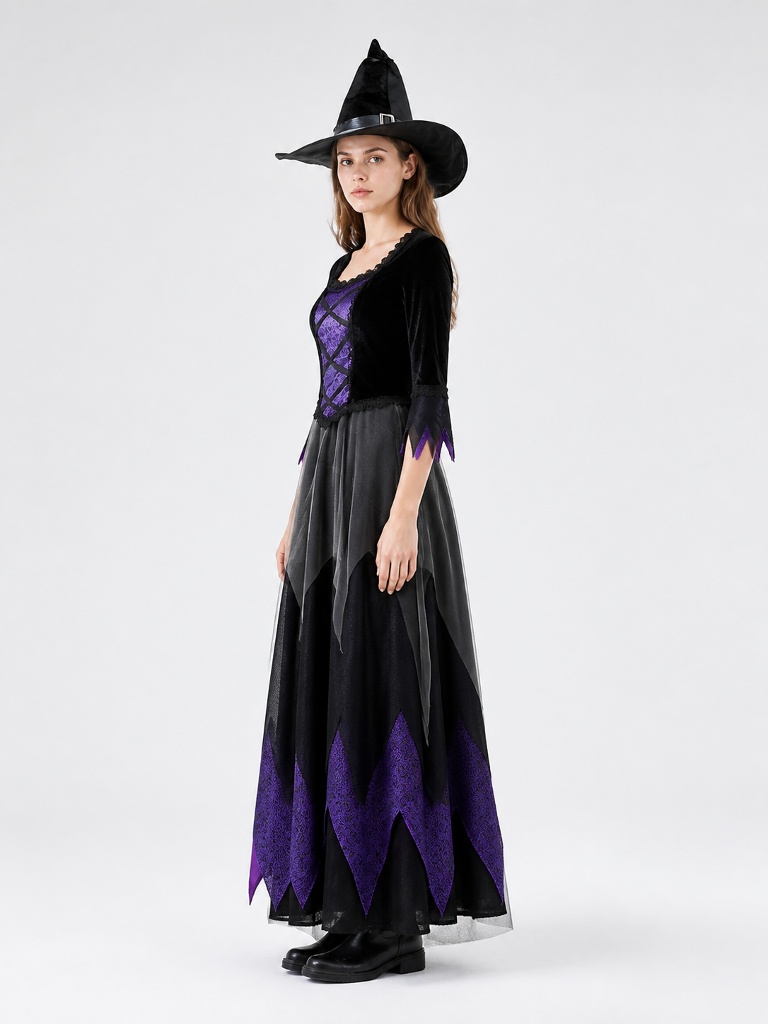 Black and Purple Long-Sleeved Cosplay Dress side view