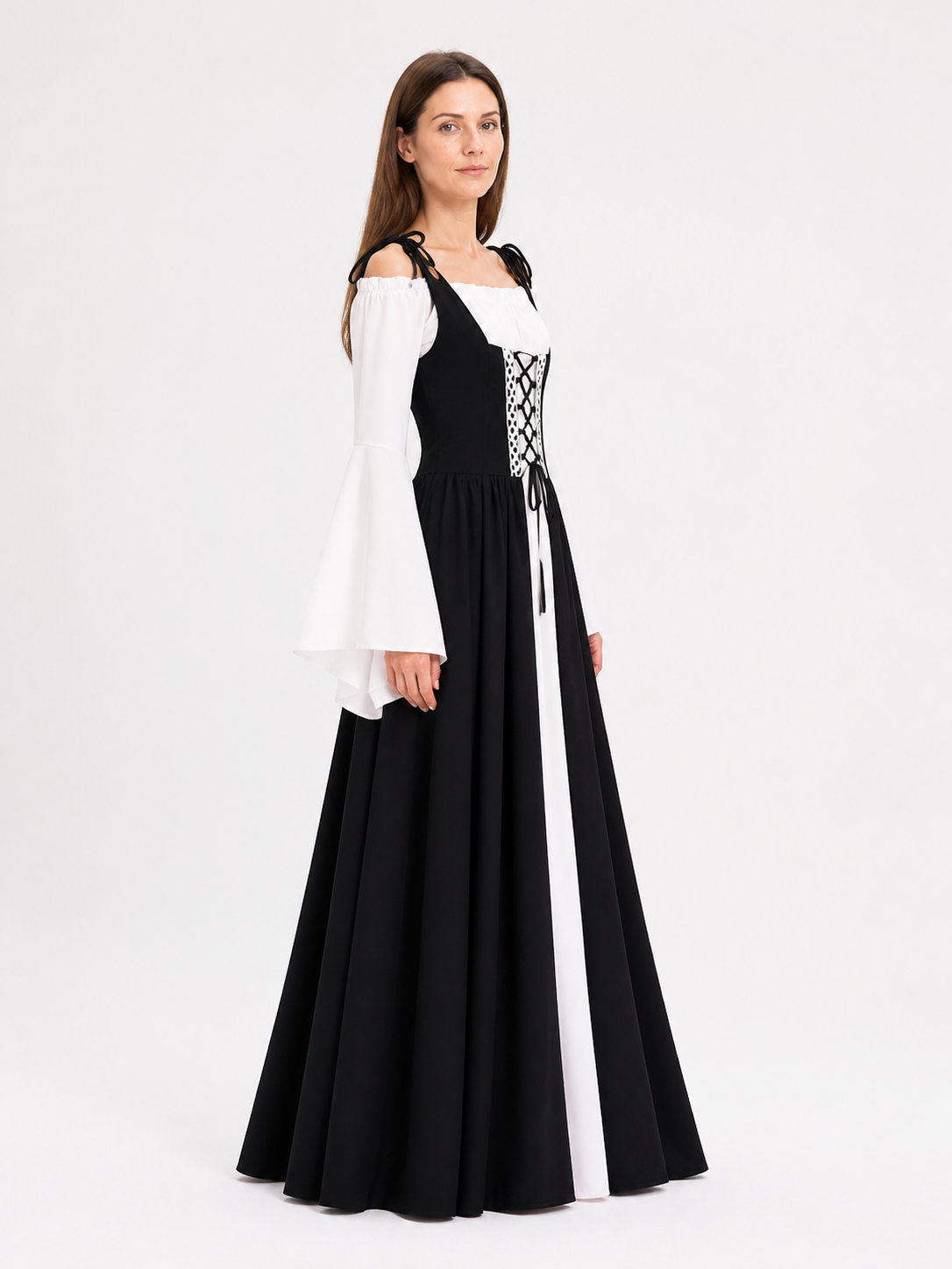 Vintage floor-length dress, black and white, with a full skirt side view