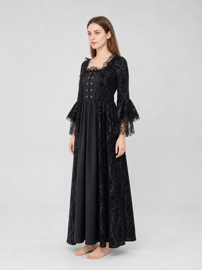 Gothic Vintage Maxi Dress with Lace Trim