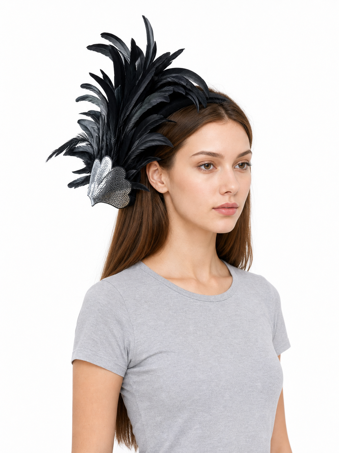 Feather carnival accessory with a silver heart