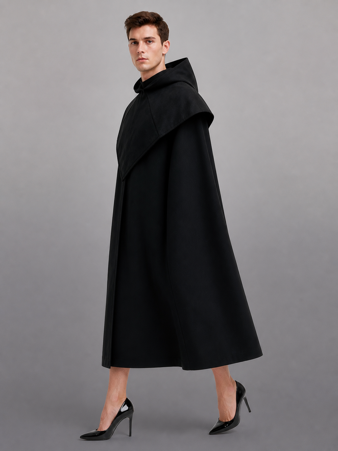Black Carnival Cloak with Hood and Mask side view
