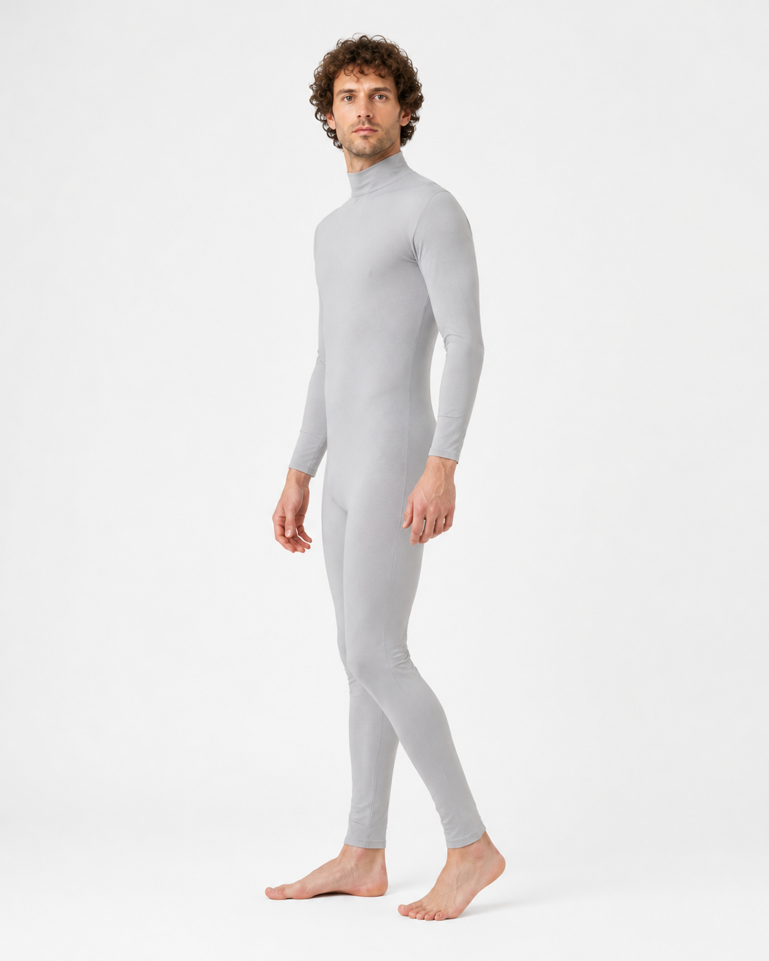 Fitted jumpsuit with a high collar, gray side view