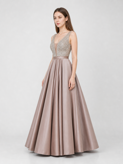Sleeveless Evening Dress with Embellishment and V-Neck