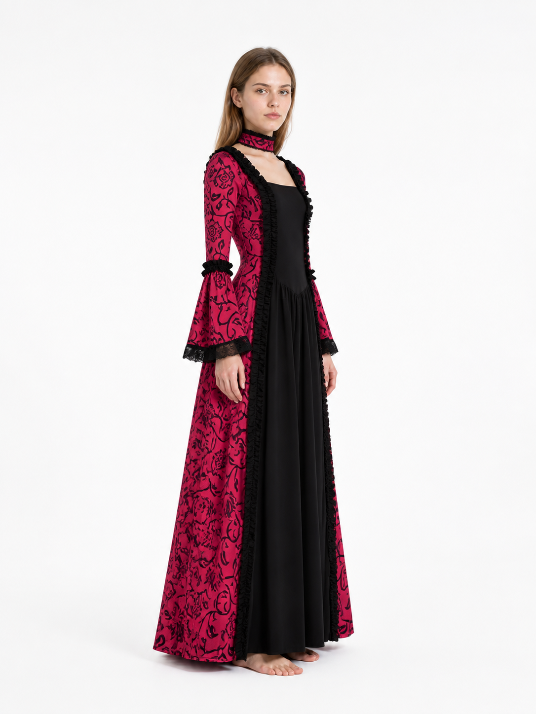 Gothic Dress with a Square Neckline and Ruffles side view
