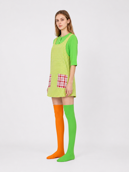 Pippi Longstocking Cosplay Costume, Apron Dress, Top, and Socks side view