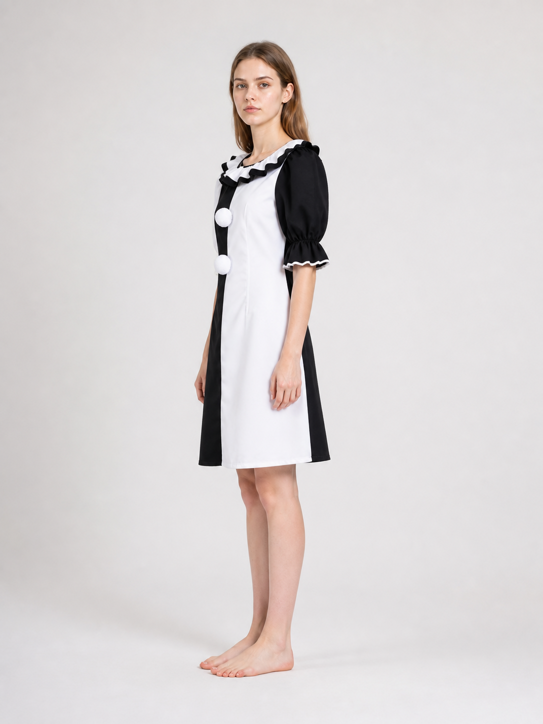 Short Black-and-White Clown Dress with Ruffles side view