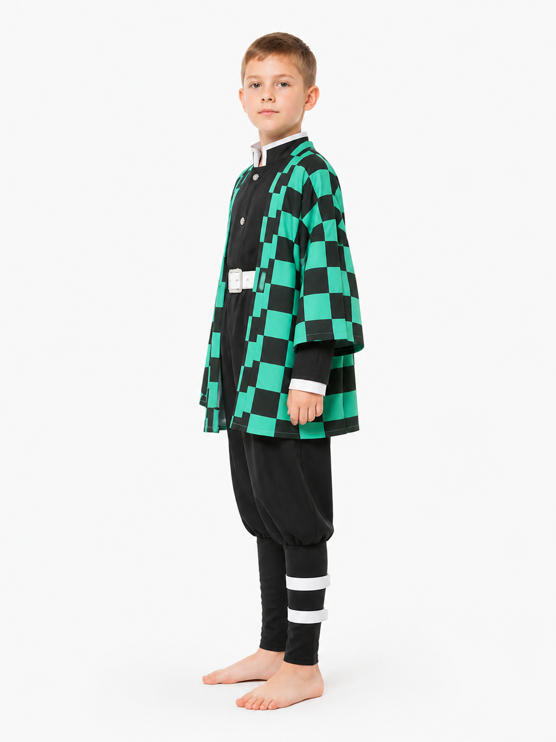Tanjiro Cosplay Costume with Checkered Haori side view