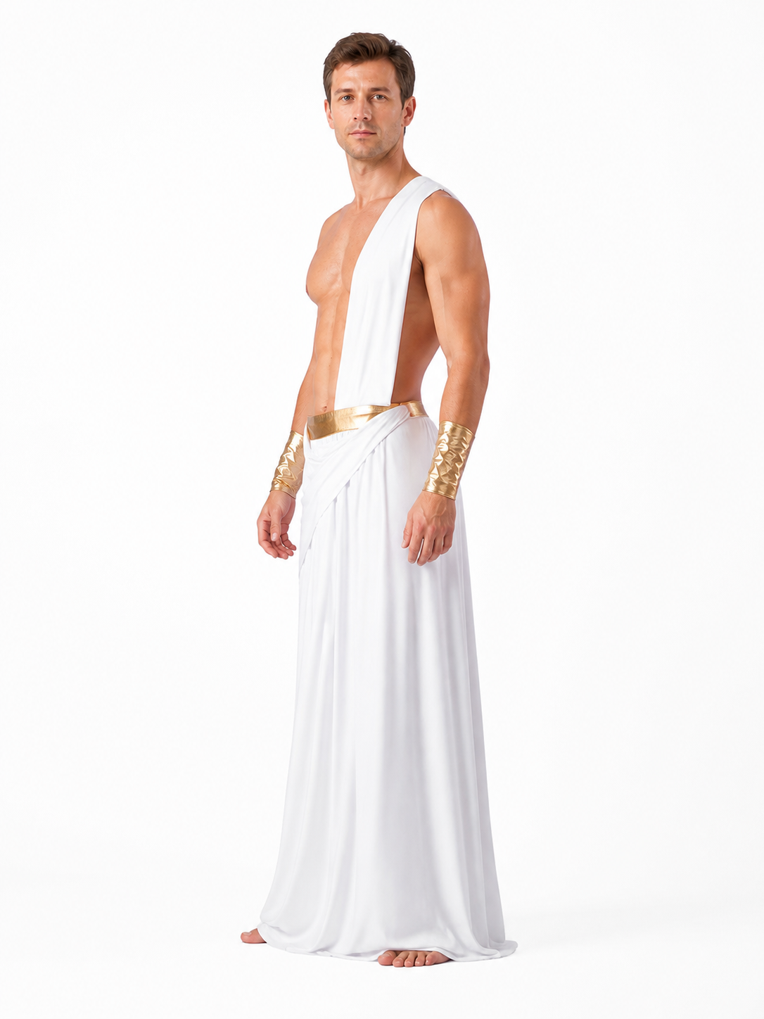 White Ancient Greek Toga with Gold Belt side view