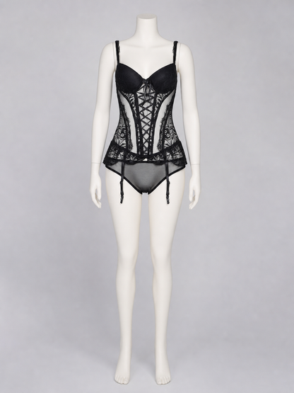 Erotic Bodysuit with Lace Pattern and Garters side view