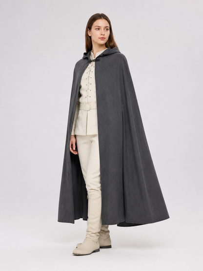 Adult Fantasy Hooded Cape, Long Dark Gray Cloak With Front Tie Closure, Wide side view 2