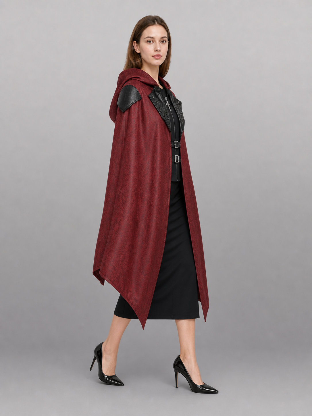 Burgundy Gothic Carnival Cloak with Hood