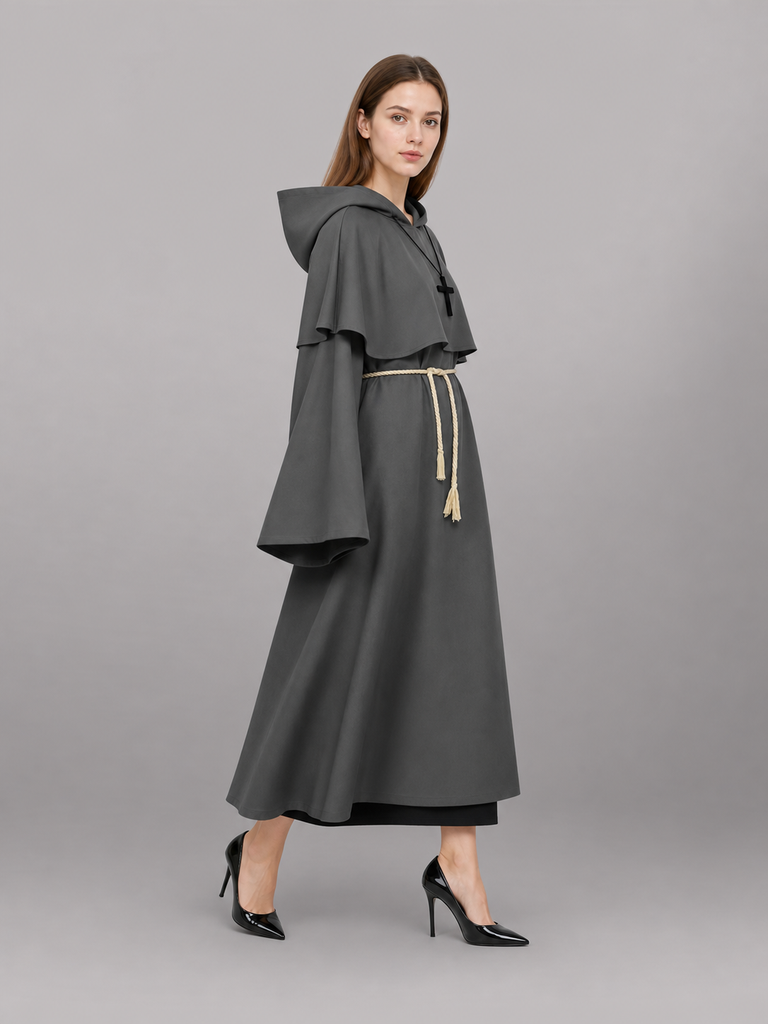 Gray Medieval Hooded Costume Cloak side view 2